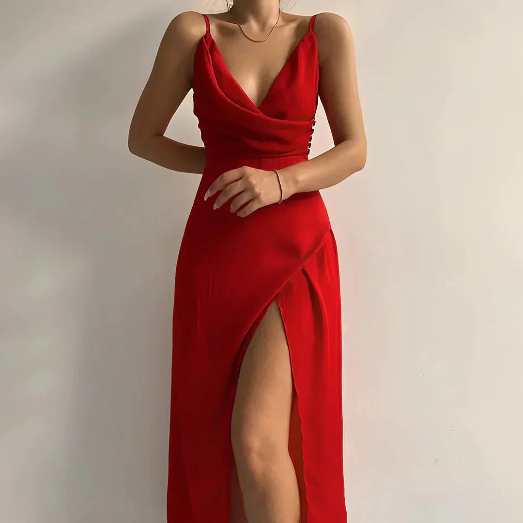 Mila™ | Satin Dress with Cowl Neckline and Slit