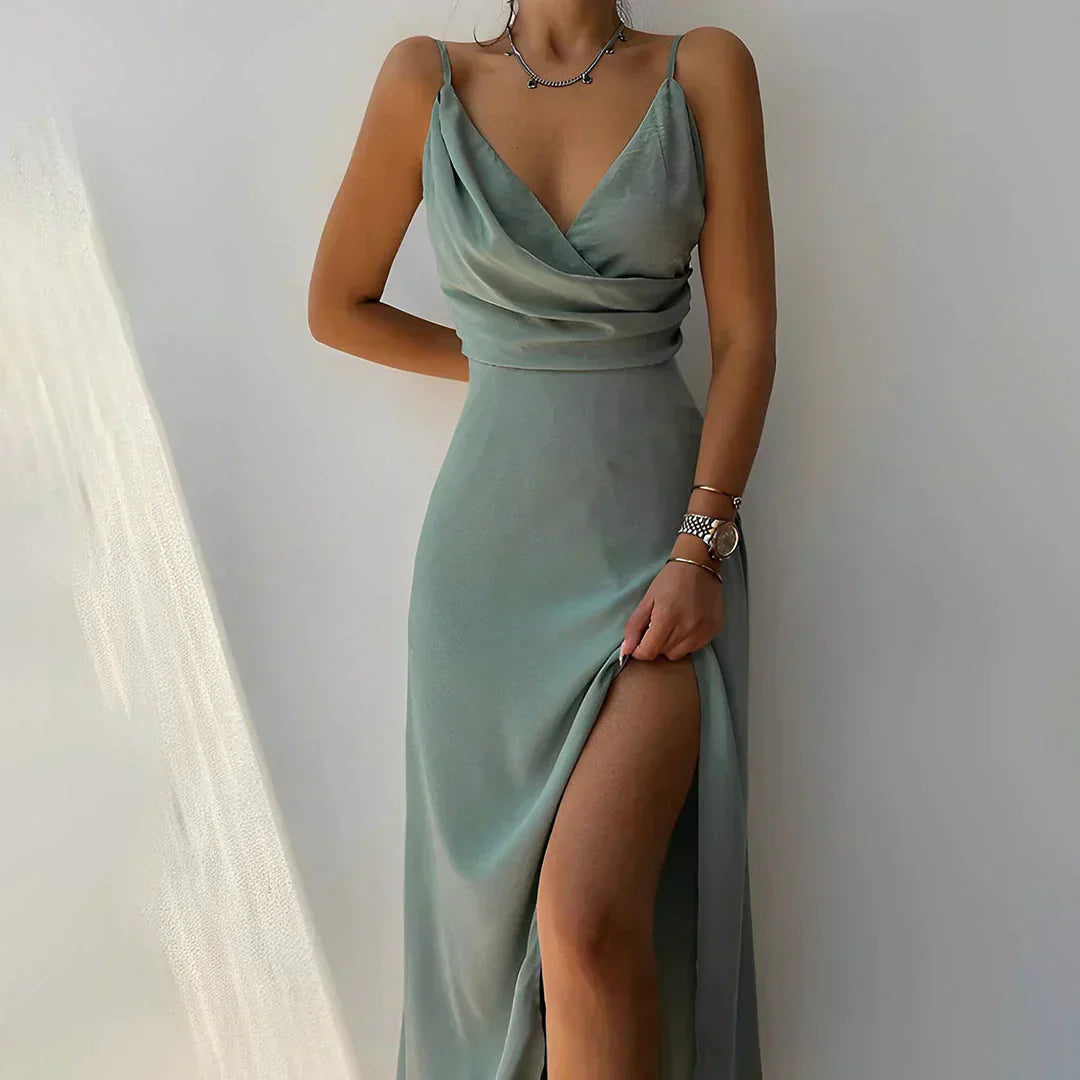 Mila™ | Satin Dress with Cowl Neckline and Slit