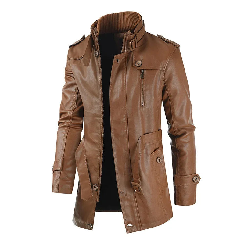 Elegant Long Vegan Leather Biker Jacket
